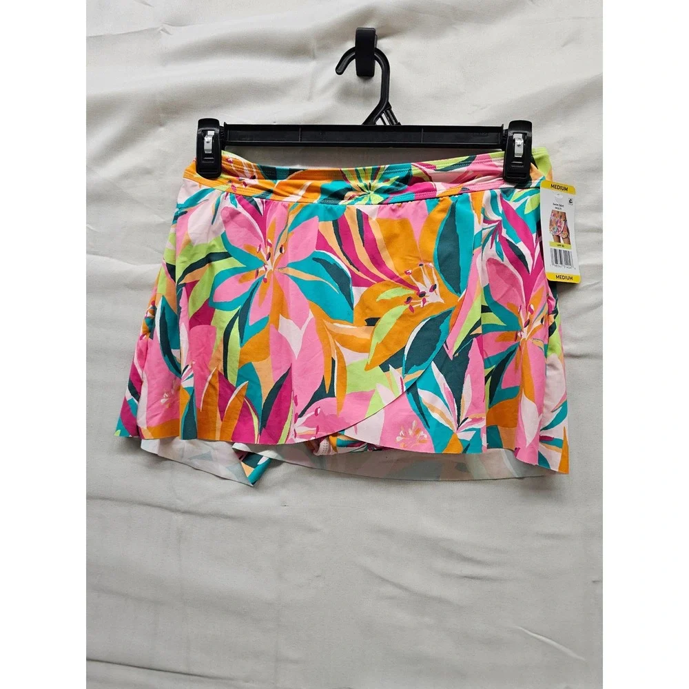 Anne Cole Womens Floral Swim Skirt Pink Nylon Blend Tropical Casual Size Medium